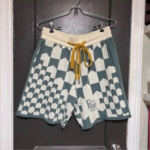 Rhude Cream and Sage Checker Knit Shorts with Contrast Waistband